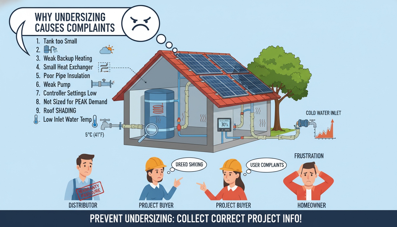 Split solar water heater undersizing problems including small tank, weak backup heating, poor pipe insulation, weak pump, roof shading and user complaints